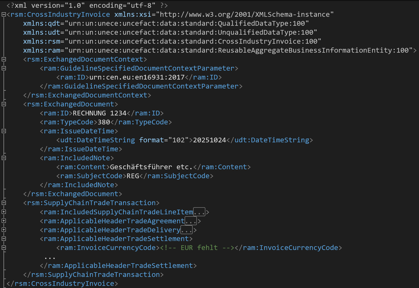 XML-Beispiel einer E-Rechnung mit fehlender Währung