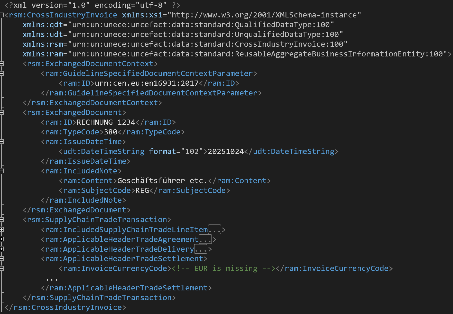 XML example of an e-bill with missing currency